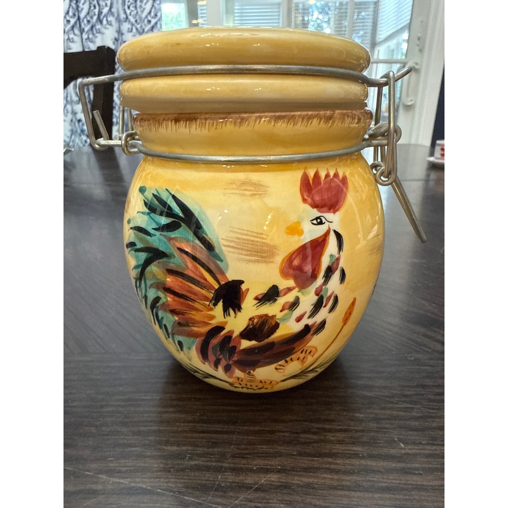 Gallo Hand Painted Rooster Ceramic Canister Yellow Bale Wire Flip Top Lid Jar